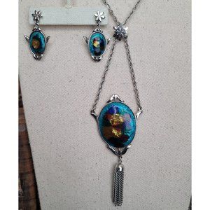 Vintage Foil Enamel Necklace and Pierced Earring Set Signed Celebrity